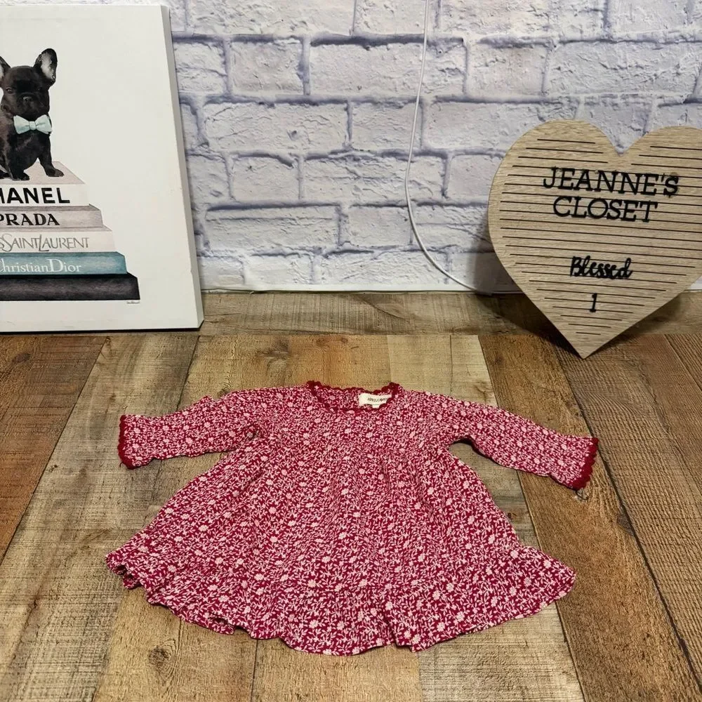 April Cornell Dress Red cream Floral Romantic 0-6 M Cottagecore Party Easter